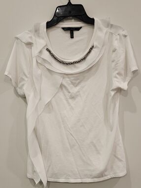 White House Black Market White Short-Sleeve Embellished Neck Tee